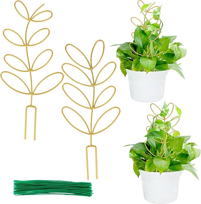 AUGSUN 2 Pcs Gold Trellis Leaf Shape 12 Inch Metal Plant Support with 50 Ties for Climbing Potted Plants Houseplant Garden Indoor Outdoor