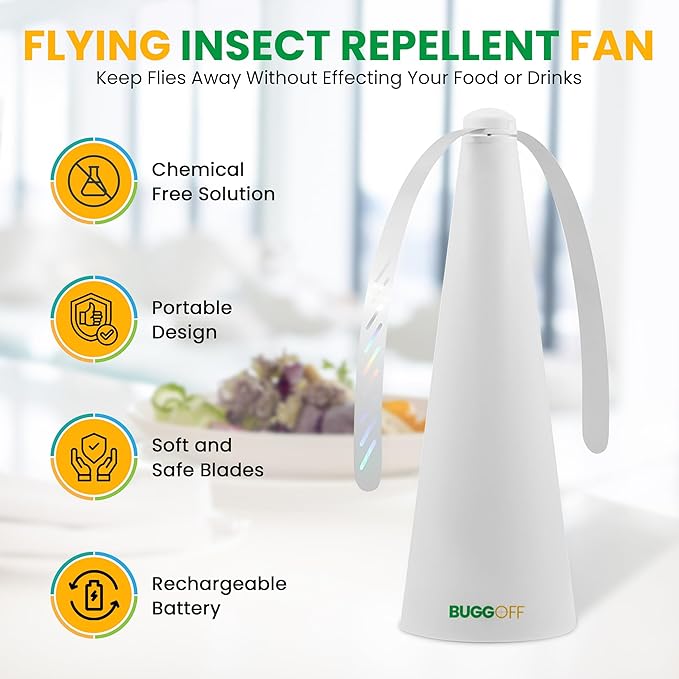 BUGGOFF White Fly & Flying Insect Repellent Fan with Twin Blades, Table top & Hangable, Battery Powered or 5V Plug in, Batteries NOT Included. Safe Blades with Auto Stop. (1 Pack)