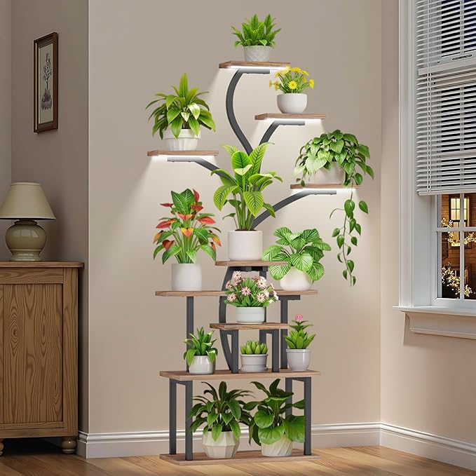 Plant Stand Indoor with Grow Lights - 10 Tiered Indoor Plant Shelf, 65" Corner Plant Stands for Indoor Plants, Tree Shaped Plant Rack for Multiple Plants, Metal Flower Display for Home, Balcony, Patio