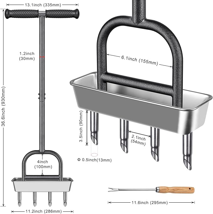 Dolibest Lawn Coring Aerator, Manual Lawn Aerator,4 Stainless Steel Corer Plug Aerator with Soil Core Storage Tray, Pre-Assembled Manual Grass Aerating Tool & Clean Hand Tool, Improving Lawn Health