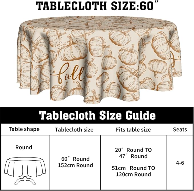 Giwawa Fall Round Tablecloth 60 Inch,Farmhouse Pumpkins Rustic Autumn Reusable Washable Polyester Table Cover for Party Picnic Dinner Indoor Outdoor Use and Seasonal Holiday Decor