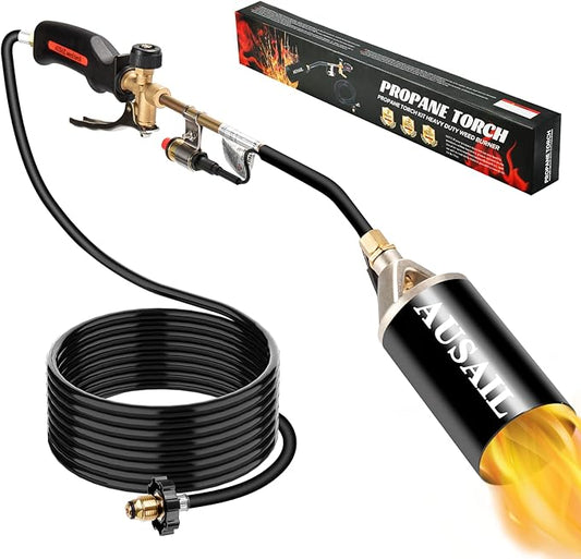 Propane Torch Weed Burner,Blow Torch,Heavy Duty,High Heat Output,Flamethrower with Turbo Trigger Push Button Igniter and 10 FT Hose for Roof Asphalt,Ice Snow,Road Marking,Charcoal(Black)