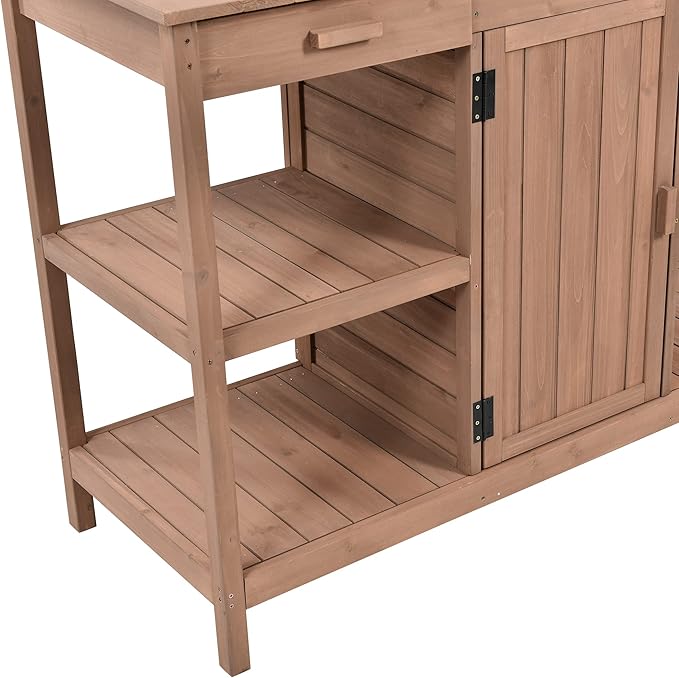 Outdoor Wooden Potting Bench Table – Farmhouse Garden Workstation with Drawers, Cabinet & Storage Shelves, Large Fir Wood Work Table for Patio, Backyard, Mudroom, Greenhouse (Dark Brown, 66'' H)