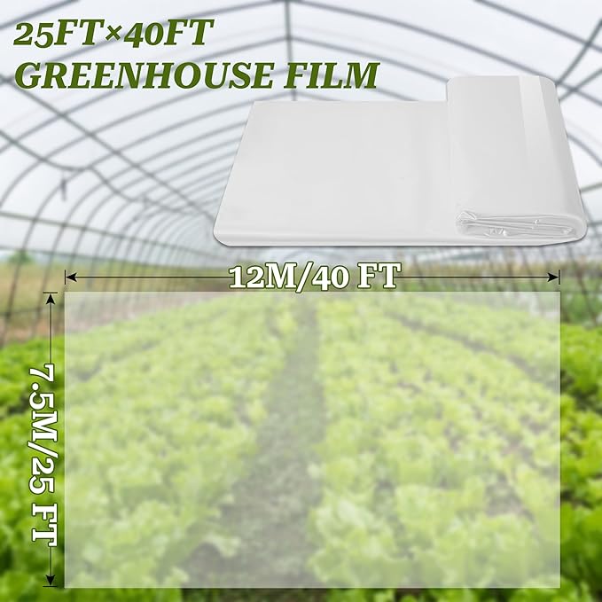 Greenhouse Film 25 x 40Ft Greenhouse Plastic Plant Covers Freeze Protection UV Resistant PE Clear Film for Plants Dust Proof Resist Cold Weather Heavy Rainfall Strong Winds