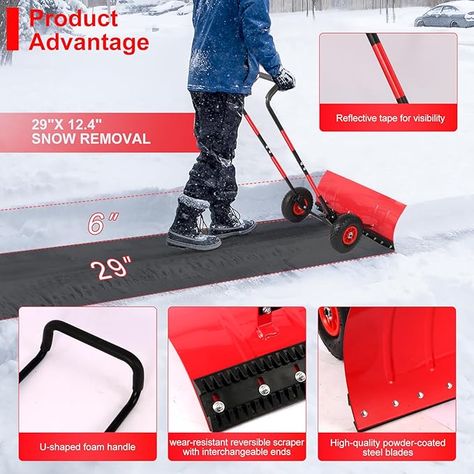 29" snow shovel with wider wheels,efficient snow removal tool,snow plow with adjustable handle and angled blade,snow pusher for doorway sidewalk,ergonomic double rod handle design with reflective tape