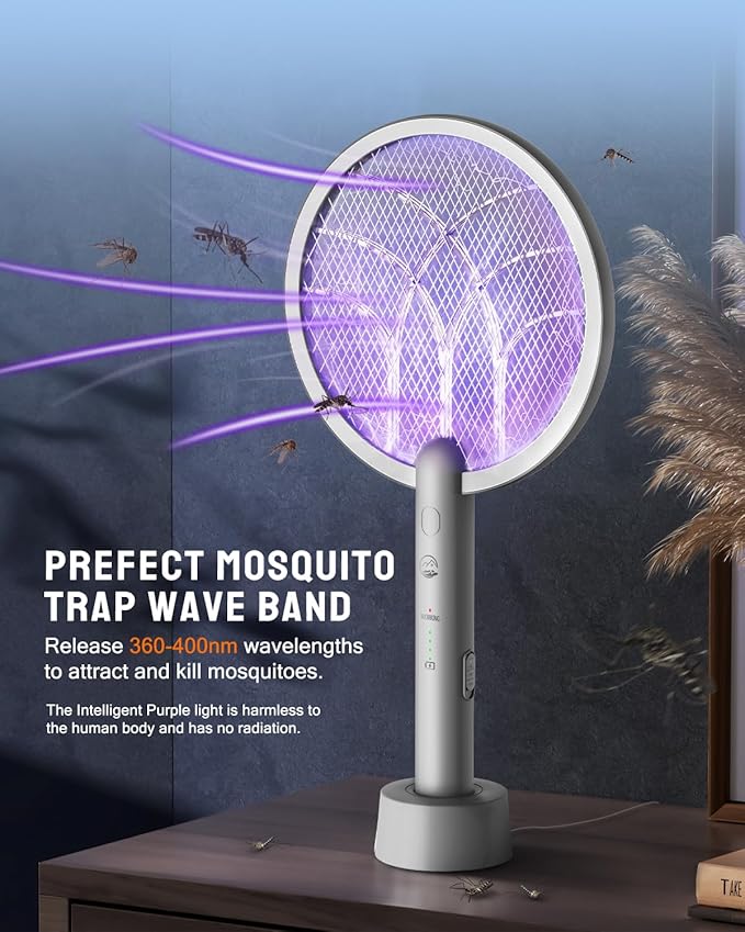 Electric Fly Swatter Racket, Mosiller 2 in 1 Smart Bug Zapper & Power Take Off Generators with USB Rechargeable Base, Powerful Mosquitoes Trap Lamp & Fly Killer for Home, Bedroom(Light Grey（2 Pack）)