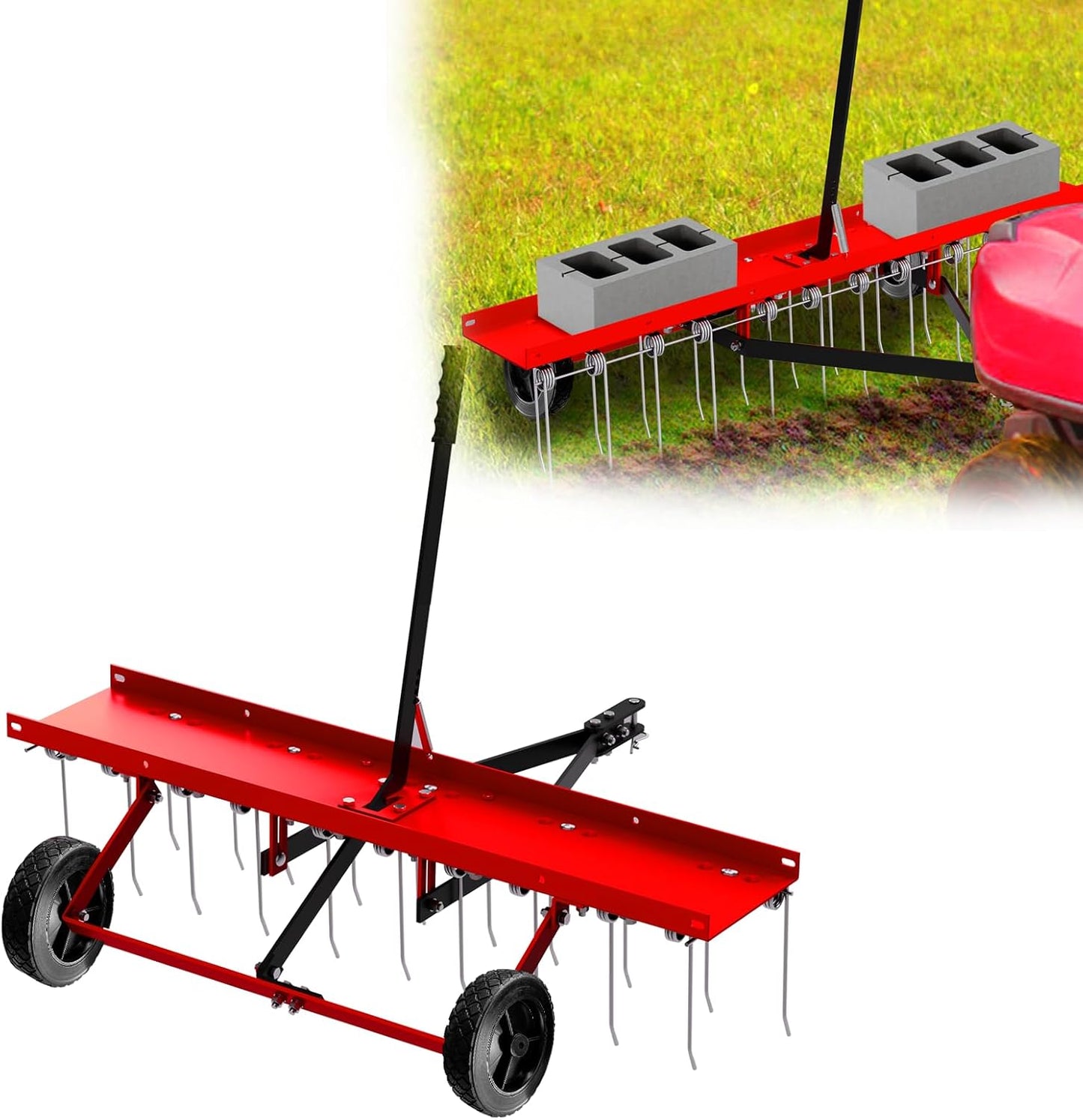 40inch Tow Behind Dethatcher with 20 Spring Steel Tines, Lawn Tractor Rakes with Lift Handle, Tow Behind Rake to Remove Thatch, Riding Lawn Mower Attachments for Outdoor Yard Tools Lawn Care