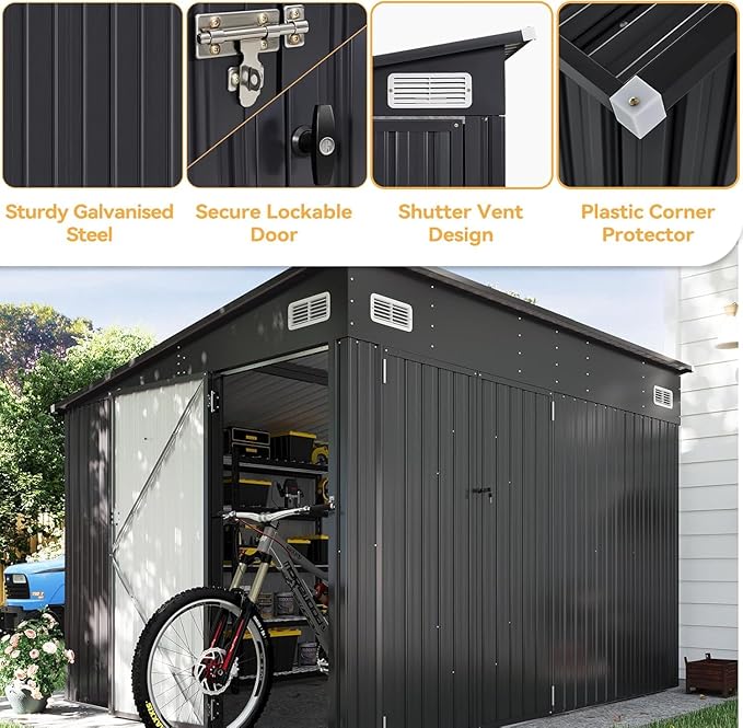 Aoxun 9.5'x7.5' Triple Door Shed Outdoor Storage Shed with Three Lockable Door for Easily Accessing Metal Storage Cabinet with Slopping Roof for Tools Bicycles Storage for Garden, Backyards (Black)