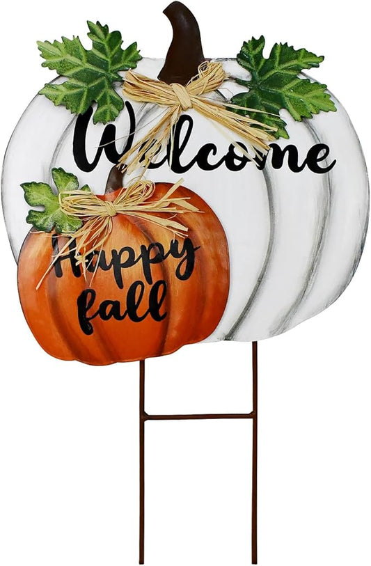 Metal Yard Pumpkin Fall Stakes Decorative Standing Garden Welcome Signs Lawn Stake Outdoor Autumn Harvest Halloween Thanksgiving Decor Pumpkins Pathway Decoration (White)