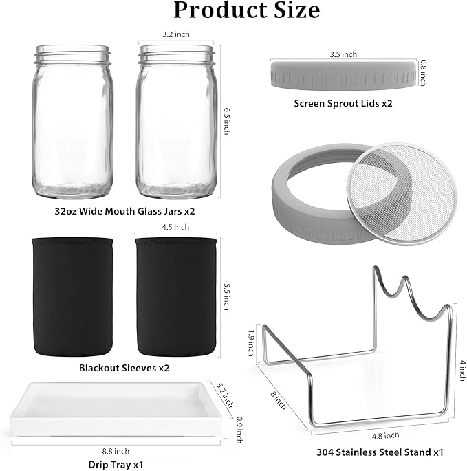 Organic Seed Sprouting Jar Kit – 2 × 32 oz Wide-Mouth Mason Jars with Stainless-Steel Sprouter Lids & Stand, Blackout Sleeves, Drain Tray – Grow Broccoli, Alfalfa & Bean Microgreens