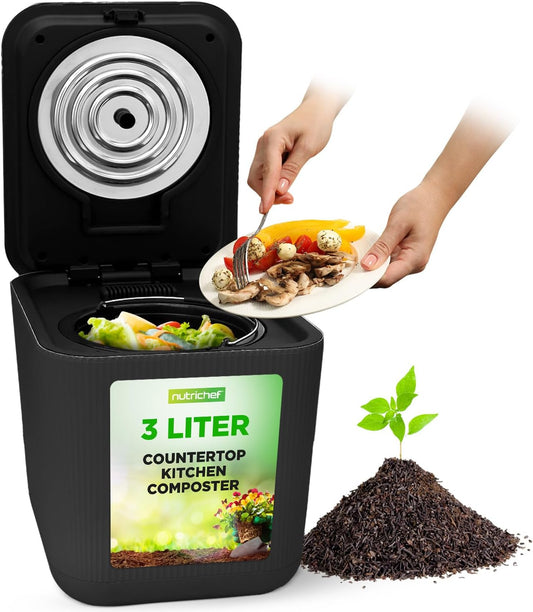 NutriChef Electric Kitchen Composter | 3 Quart Food Recycler | Food Waste Compost Bin for Countertop | 1 Button to Compost, Easy to Clean Composter Bucket | Low Noise, Odorless & Auto Clean | Grey