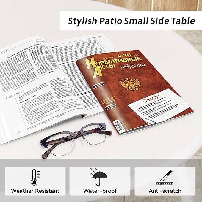 Babion White Round Patio Side Table, Small Accent End Table for Patio Yard Garden, Indoor & Outdoor