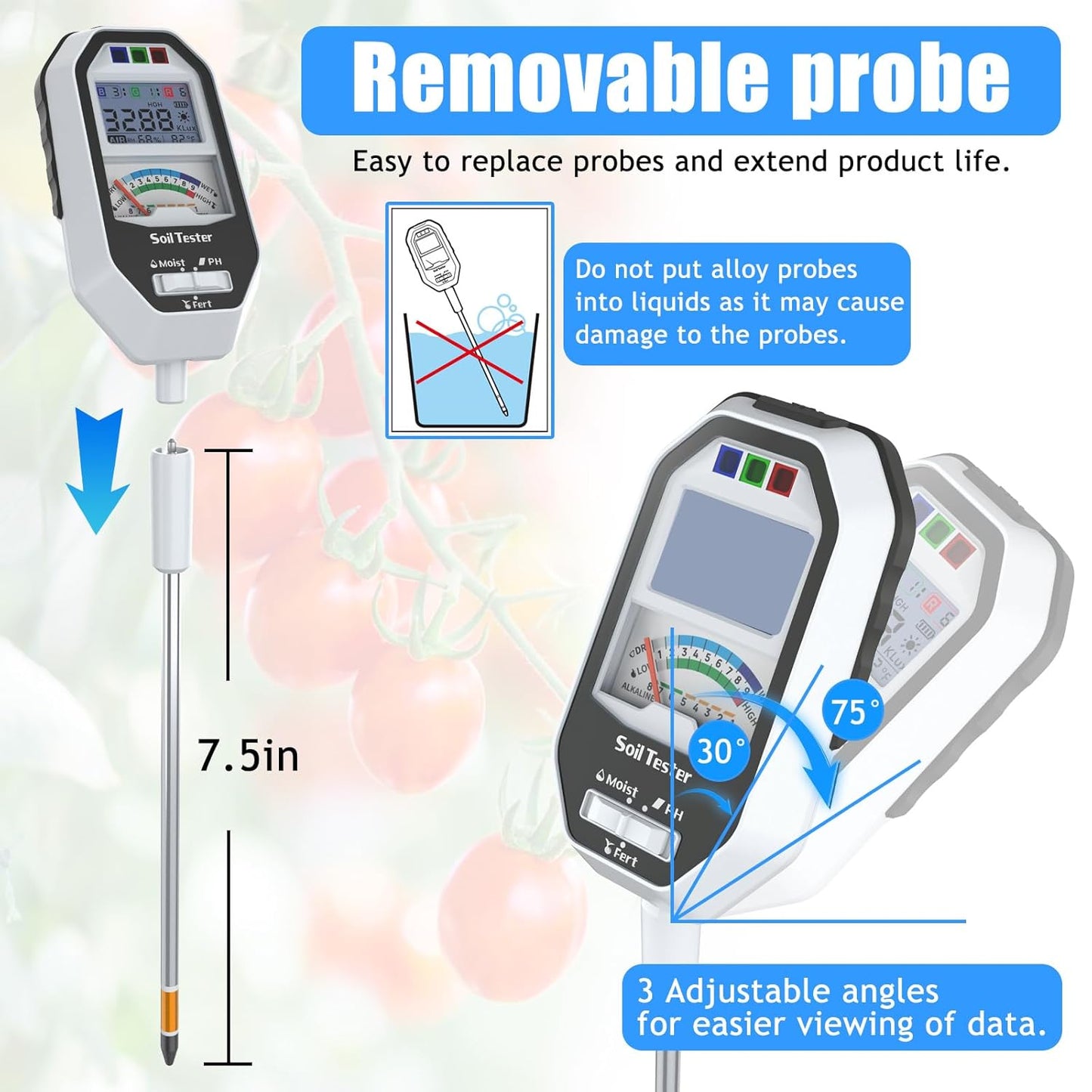 Soil Moisture Meter, 7-in-1 Soil PH Tester/Soil Moisture/Fertility with Removable Probe, LCD Display Air Temp/Air Humidity/Sunlight Intensity/BGR Spectral for Plants Garden, Lawn,Indoor Outdoor Plants