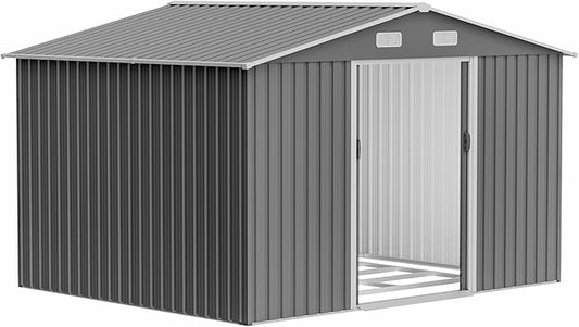 10x8 FT Sheds & Outdoor Storage Garden Metal Shed with Floor Frame Lockable Sliding Door and Air Vents Foundation Steel Shed with Air Vents Waterproof Roof Ideal for Backyard Patio Lawn Dark Gray