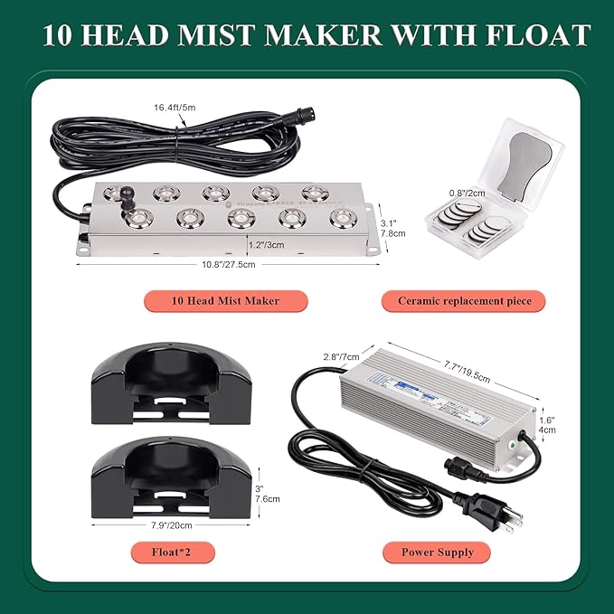 Ultrasonic Mist Maker Fogger 10Head Ultrasonic Fogger Humidifier for Halloween Atmosphere, Landscape, Plant Mushroom Vegetable Humidification, Pond Mister with Float, 400W Power Supply