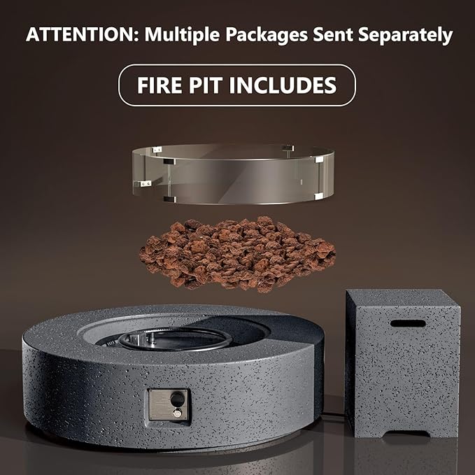 COSIEST 42 inch Outdoor Propane Fire Pit Coffee Table w Concrete Round Base Patio Heater, CSA Certified, 50,000 BTU Stainless Steel Burner, Free Lava Rocks, Rain Cover, Wind Guard, Tank Cover, Gray