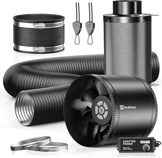 Hon&Guan 8" Air Filtration Kit: 8 Inch Inline Duct Fan with Speed Controller, 16" High Carbon Filter, 16 Ft Ducting & Rubber Coupler, Ventilation System for Grow Tents, Indoor Gardening, Hydroponics