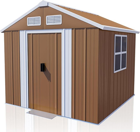 Outdoor Tool Shed 4x6 FT Heavy-Duty Metal Storage Shed with Lockable Door, Windows & Ventilation - Weather-Resistant Roof Garden Shed for Backyard, Patio, Lawn (Brown)