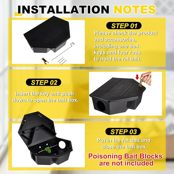Qualirey 3 Pcs Rat Bait Station with Keys 13.58 x 8.98 x 3.35 Inch Rodent Station Rat Traps, Keeps Children and Pets Safe Indoor and Outdoor, Bait Not Included (Black)