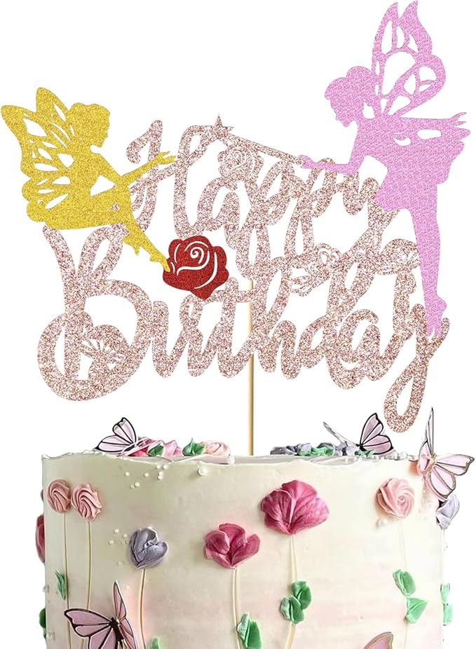 Fairy Party Cake Topper Fairy Birthday Cake Decoration Glitter Fairy Birthday Cake Picks Floral Fairies Party Decoration for Fairy Garden Baby Shower Supplies