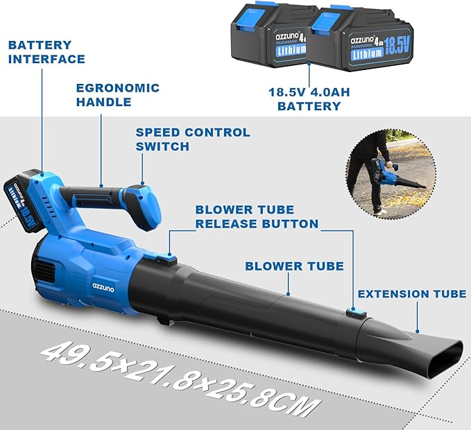 AZZUNO Cordless Brushless Leaf Blower with 2 x 4.0Ah Battery and Charger,3 Speed Mode MAX 580CFM Brushless Motor, Electric Blower for Lawn Care,Patio,Leaves,Dust,and Snow Removal