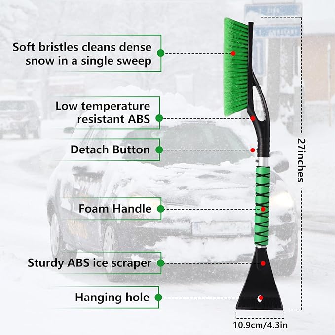 2 Pack Car Snow Brush with Ice Scrapers, 27 Inch Snow Remover for Car Windshield and Door, Detachable Ice Shovel Tool with Ergonomic Foam Grip, Winter Accessories for Car