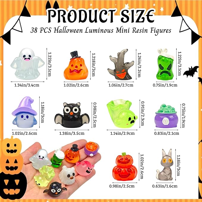 38 Pcs Halloween Luminous Mini Resin Figures Glow in The Dark Tiny Little Pumpkin Ghost Skull Miniature Figurines Bulk for Halloween Party Micro Landscape Fairy Garden Decor