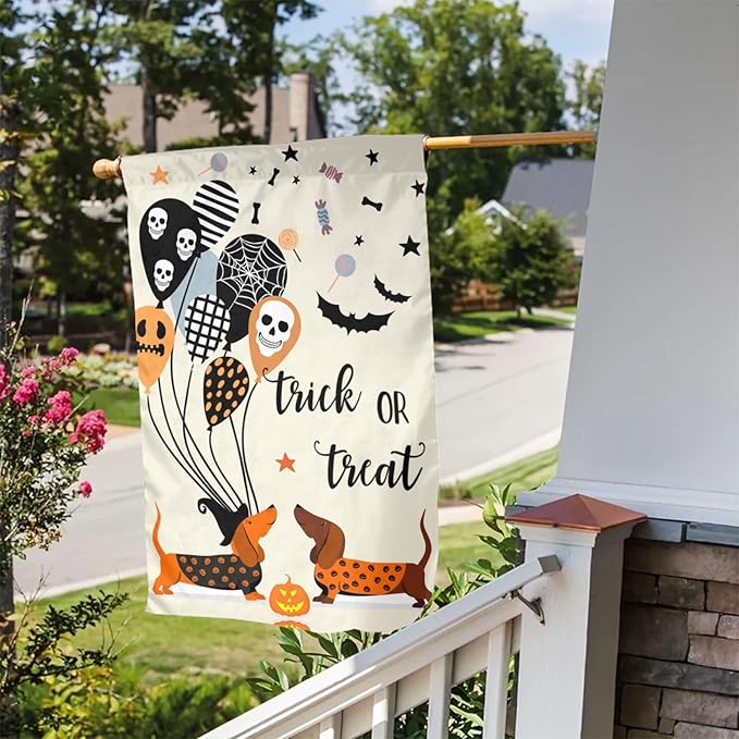 Dachshund Bat Skull Dog Halloween Garden Flag Welcome Party Outdoor Outside Decorations Picks Home House Garden Yard Decor 12x18 Inch
