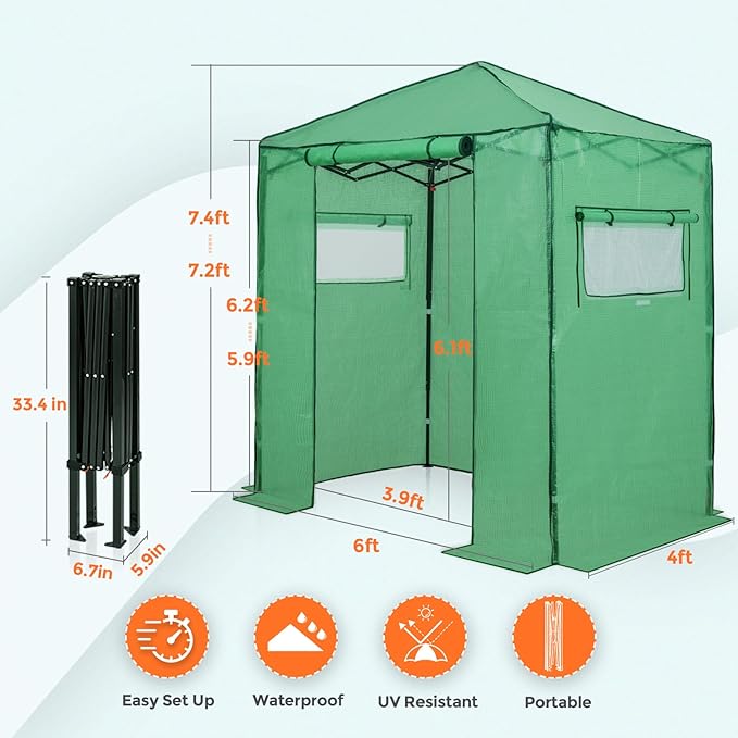 EAGLE PEAK Instant Pop-up Greenhouse, Indoor Outdoor Plant Gardening Green House, Roll-Up Zipper Doors and Side Windows, Walk in 6x4 ft, PE Cover, Green/Clear
