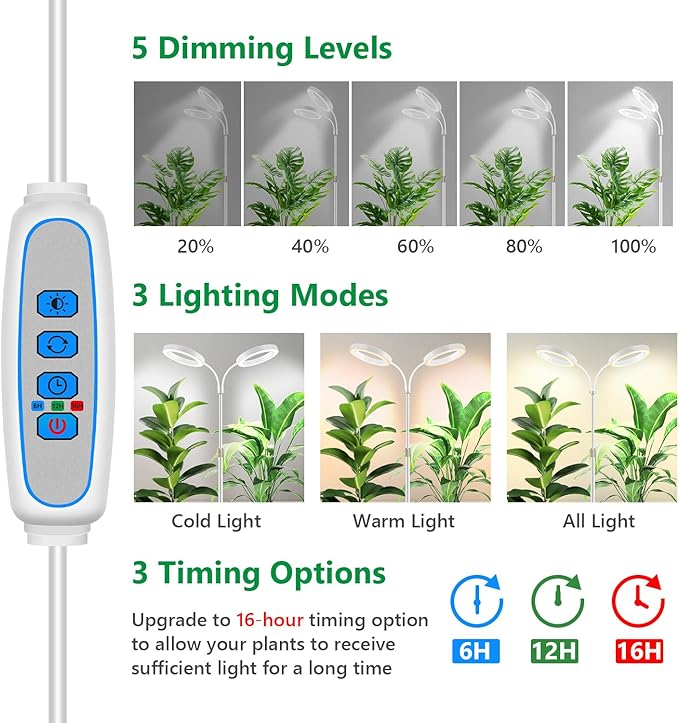 Large Plant Light for Indoor Plants, 2 Head Full Spectrum Grow Light with 68" Adjustable Stand for Growing Large Tall Plants, White Halo Floor LED Grow Lamp with 16 Hour Timer