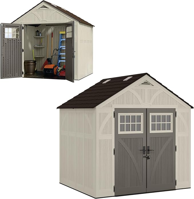 Suncast 8' x 7' Heavy-Duty Resin Tremont Storage Shed with Reinforced Floor, Skylights for Natural Light, Lockable Double Doors, Cream, Made in the USA