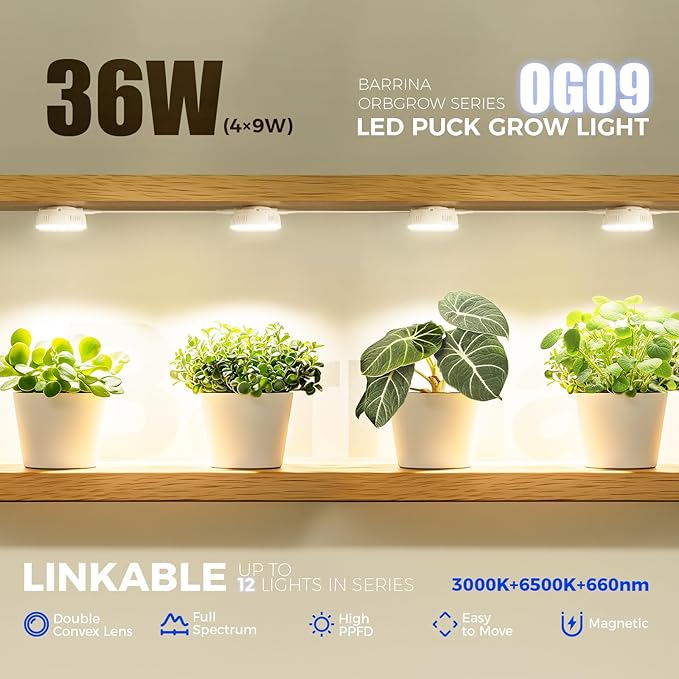 Barrina Orbgrow OG09 Puck LED Grow Light with 660nm Red LEDs, 36W(4 x 9W, 540 Watt Equiv), Plant Lights for Indoor Plants Full Spectrum, Magnetic & Linkable, Small Grow lamp for Plant Shelf, 4 Packs