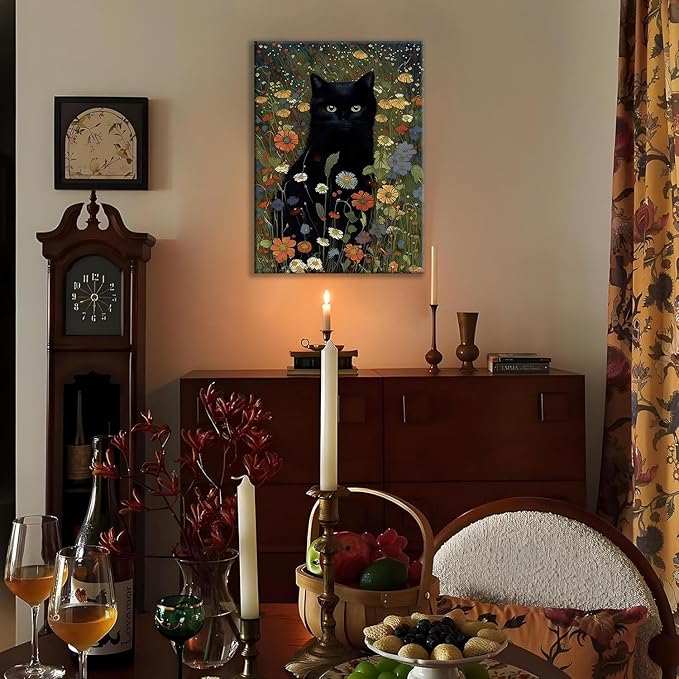 Gothic Black Cat Wall Art - Framed Canvas Print of Mystic Garden, Dark Academia Decor, Witchy Bathroom & Bedroom Art, Memorial Gift for Cat Lovers, 11.5x15 Inch