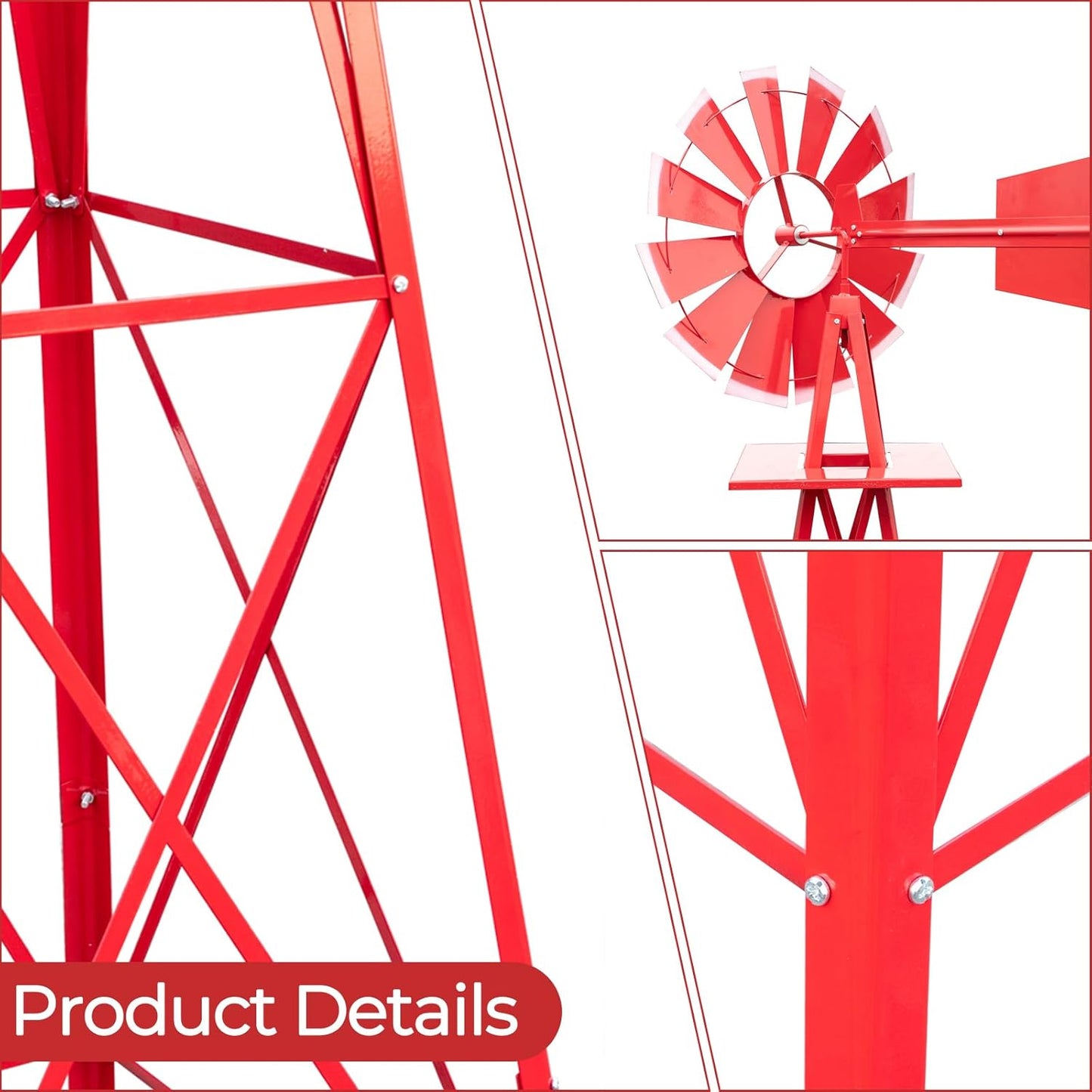 Outvita 8FT Ornamental Windmill, Heavy Duty Durable Metal Weather Vane Garden Decoration Weather Resistant for Garden, Yard, Farm, Seaside (8ft-red)