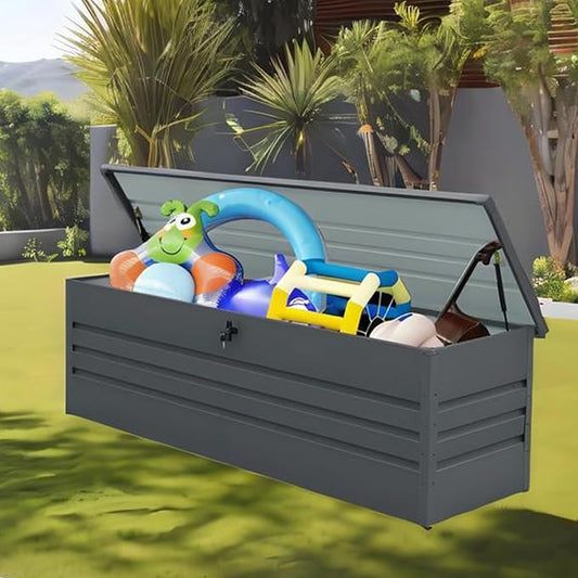 KUIKUI Metal Deck Box Waterproof, Outdoor Storage Box Extra Large, Patio Storage Bench for Pool Cushions Rugs, 260 Gallon