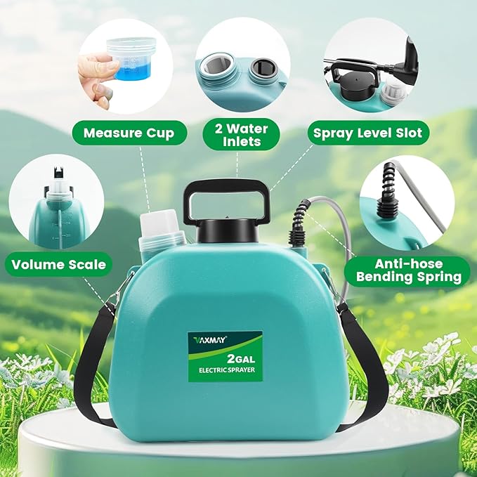 Battery Powered Sprayer 2 Gallon, 2025 Upgrade Electric Sprayer with 3 Adjustable Speed, Battery Indicator, 4 Mist Nozzles, Rechargeable Retractable Wand with Adjustable Shoulder Strap for Lawn Garden