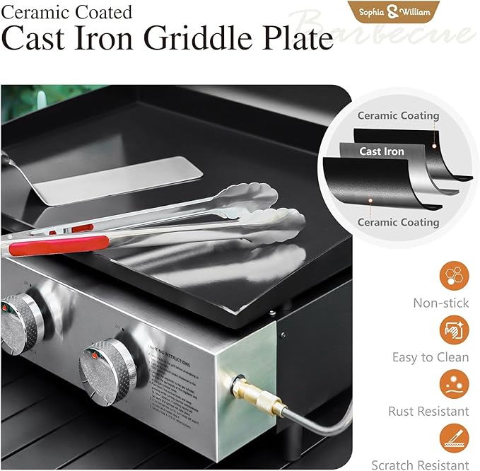 Sophia & William 22" Flat Top Grill with Lid & Ceramic Coated Cast Iron Pan, 3-Burner Portable Tabletop Gas Propane Griddle for Outdoor, BBQ, Camping & Tailgating Barbecue, 24,000 BTU