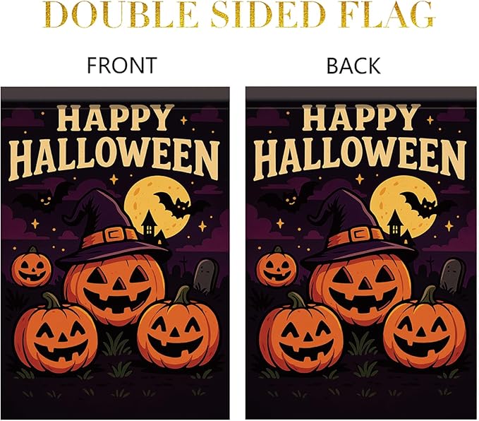 Happy Halloween Garden Flag Pumpkin Witch Hat Bats 12x18 Inch Double Sided Outdoor Yard Banner for Trick or Treat Haunted House Halloween Decoration Decor