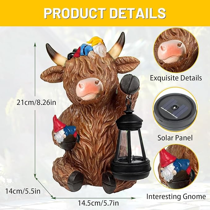 Solar Highland Cow Gnome Garden Decor Statue with Solars Lights, Funny Garden Statues Highland Cows Gifts for Women Mom Gnome Figurine for Yard Patio Lawn Home Ornaments