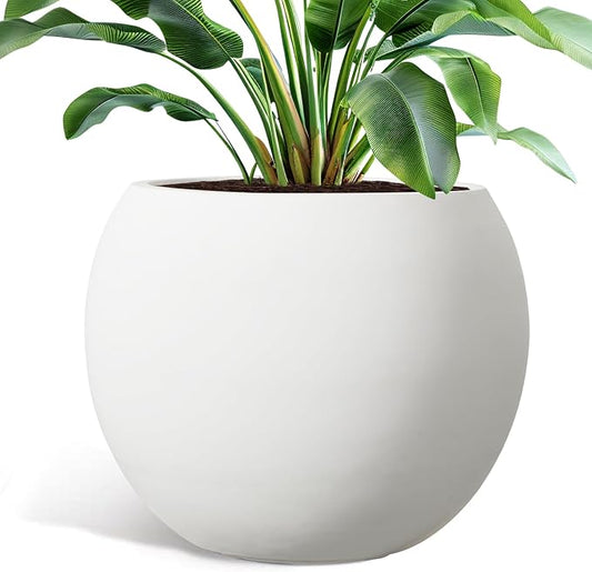 YOLENY 17.7'' Dia Large Round Planter with Drainage Hole, Sphere Planter Outdoor Indoor Plant Flower Pot with Rubber Plug for Garden Patio Balcony Home, White