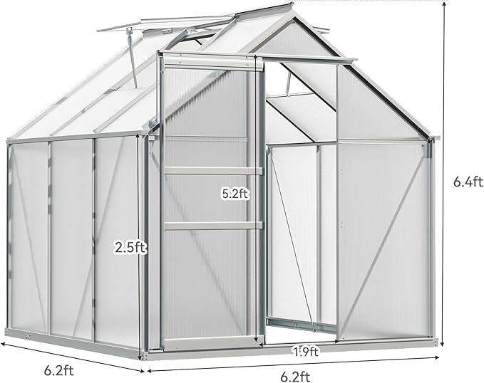 YITAHOME 6x6FT Polycarbonate Greenhouse Heavy Duty Green Houses Outdoor Greenhouses Aluminum Sliding Doors Vent Window Large Sun House for Garden Backyard, Silver