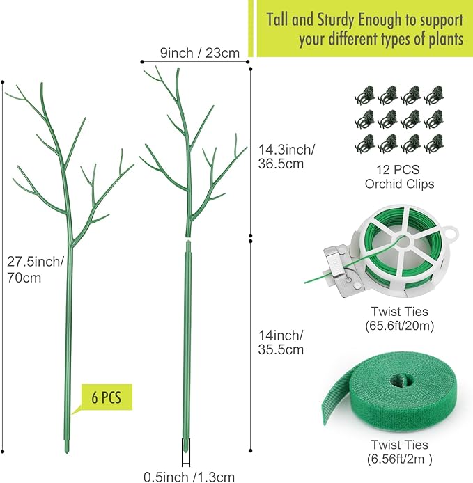 6 Pack Plant Support Stakes for Indoor Plants, 27.56 Inch Twig Plant Sticks with Orchid Clips Twist Ties and Plant Ties for House Potted Plants and Flower, Plastic Branches Support Structures, Green