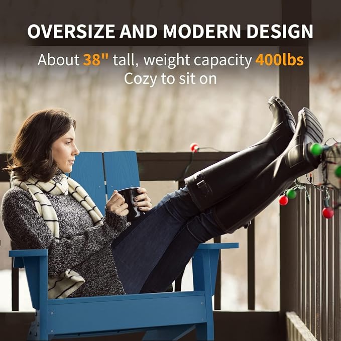 MXIMU Modern Adirondack Chairs Set of 8 Weather Resistant with Cup Holder Oversize Plastic Fire Pit Chairs Plastic Outdoor Chairs for Firepit Area Seating (Navy)