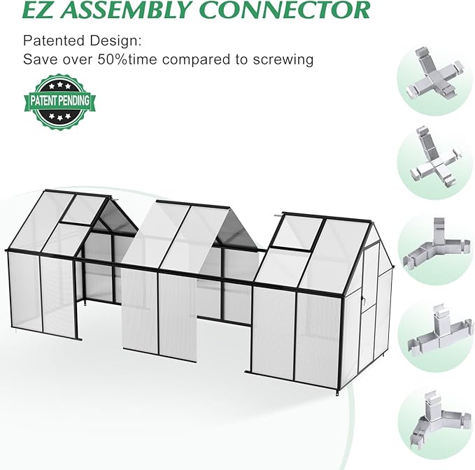 6'x12' Snap-Together Greenhouse - Easy 3-Way Connectors, Heavy-Duty Aluminum Frame, Wind/Snow Resistant for Gardening/Urban Farming, Includes Sliding Door and Ventilation Windows
