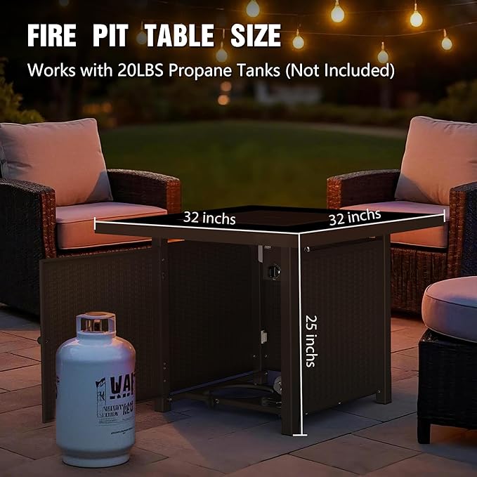 BALI OUTDOORS 32 inch Glass Tabletop Propane Fire Pit Outdoor, 50,000 BTU Propane Fire Pit Table Square, Gas Firepits for Outside Patio, Garden, Brown