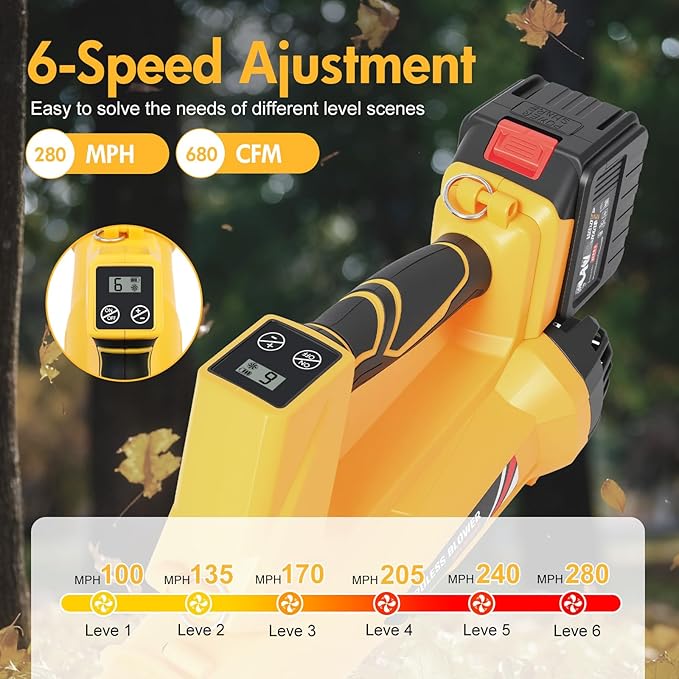 Leaf Blower Cordless, 21V Battery Powered Leaf Blower with 2 x 6.0Ah Batteries and Charger, 6 Speed Levels, 650 CFM 280 MPH Lightweight Leaf Blowers for Lawn Care, Patio, Dust, Blowing Leaves, Snow