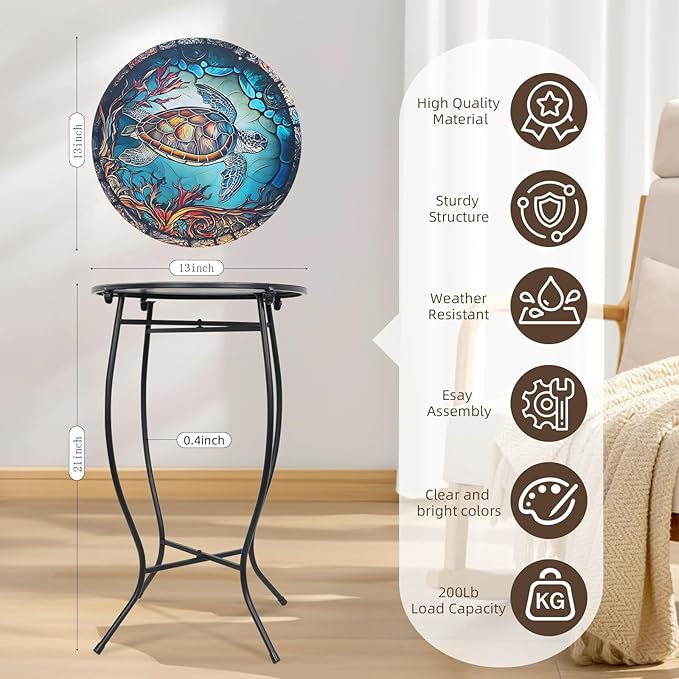 Outdoor Side Tables for Patio, 21" High Round End Table, Weather Resistant Metal Patio Accent Table Indoor and Outdoor End Table for Yard, Garden, Living Room, Bistro, Halloween (Turtle)