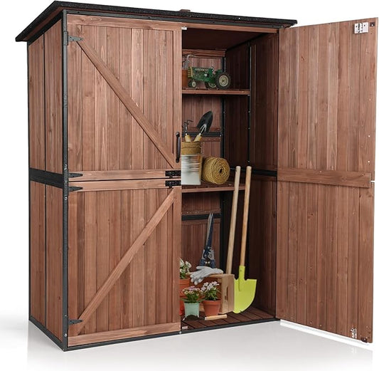 Aivituvin Storage Shed Outdoor Storage Cabinet Upgraded with All Arounded Metal Frame, Wooden Floor and Adjustable Shevels 55" L x 29" W x 67" H, Dark Brown