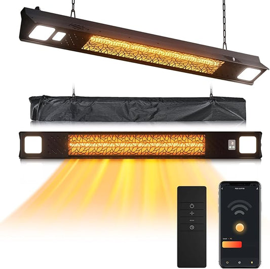 Wall-Mounted Electric Heater Hanging Patio with Light Ceiling Outdoor, 1500W Infrared 9 Heat Levels, 24H Timers, 1s Heating Carbon Fiber Tube Wall Heater for Backyard, Garage