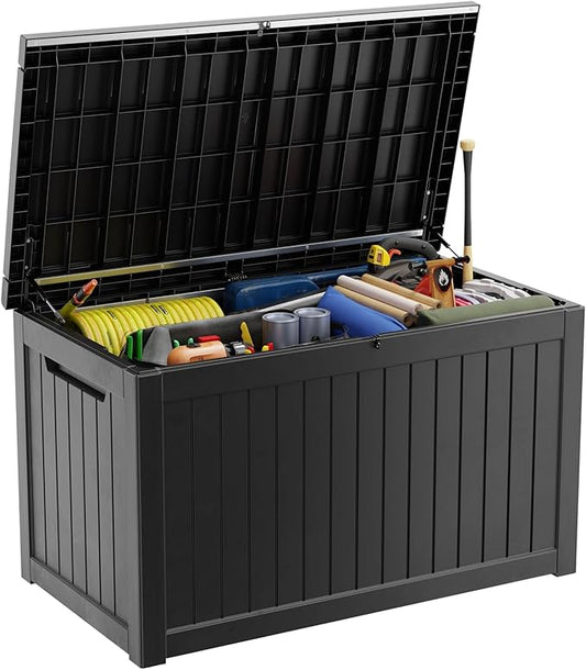 230 Gallon Large Deck Box,Resin Outdoor Storage Box with Lockable for Patio Furniture, Garden Tools Waterproof Outside Storage Box, Black